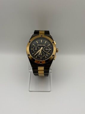 Michael Kors Reagan Two-Tone Black Gold Watch MK5995 New Battery, Works!